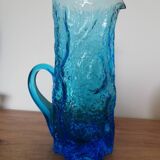 Blue Glass Pitcher with Bark Effect and Bumpy Texture, Geoffrey Baxter or Ingrid Glasshütte, 1960s-70s
