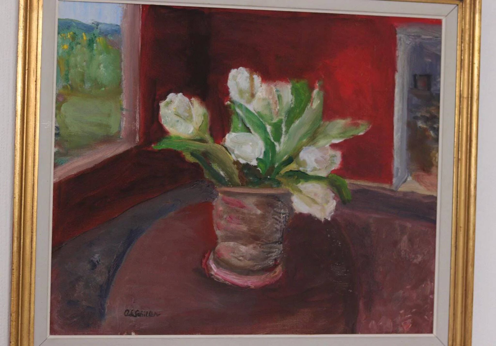 Huile sur toile originale suédoise – « Roses blanches » par Aina Schiller, Arvika