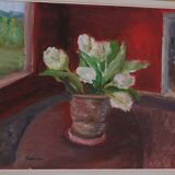 Original Swedish Oil on Canvas – “White Roses” by Aina Schiller, Arvika