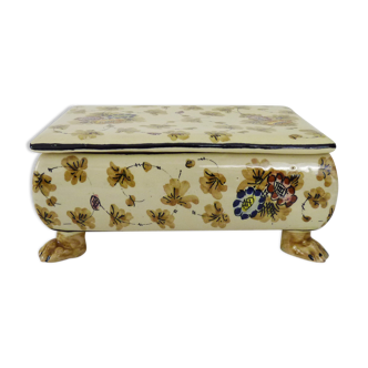 Italian ceramic box CACF FAENZA with floral decoration and lion's paw. Year 70
