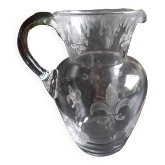 Crystal carafe engraved fleur-de-lys signed Poret