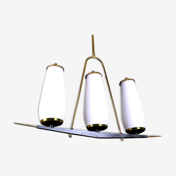 Maison Arlus, Black & Brass Chandelier, with Three Large White Opalines, France Mid-Century