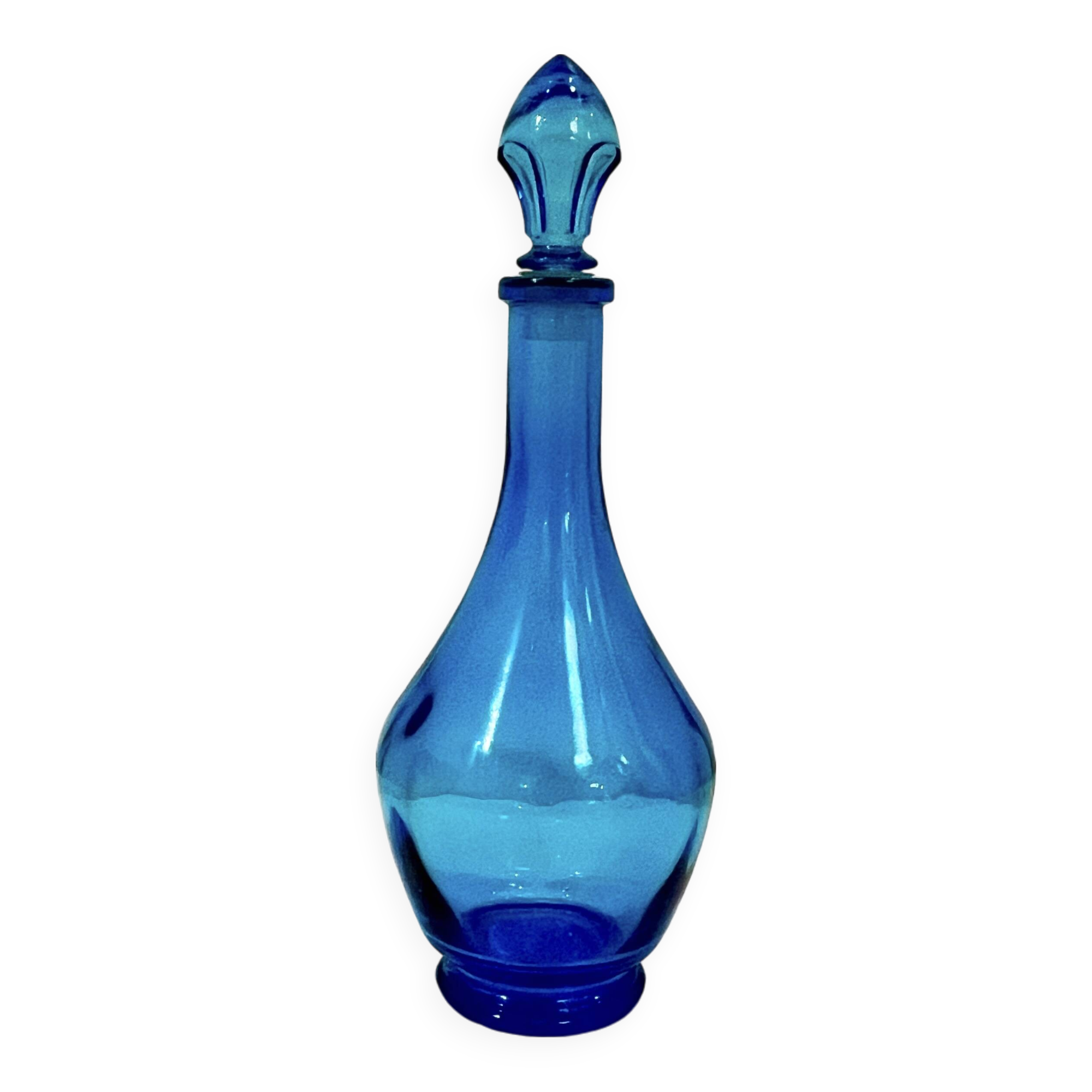 Vintage blue glass bottle Carafe with stopper Made in Belgium