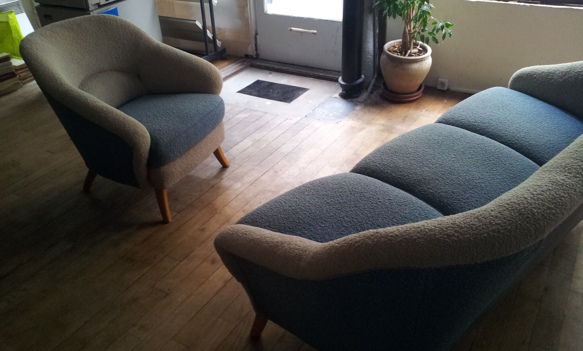 Chair organic 50s Danish blue and beige