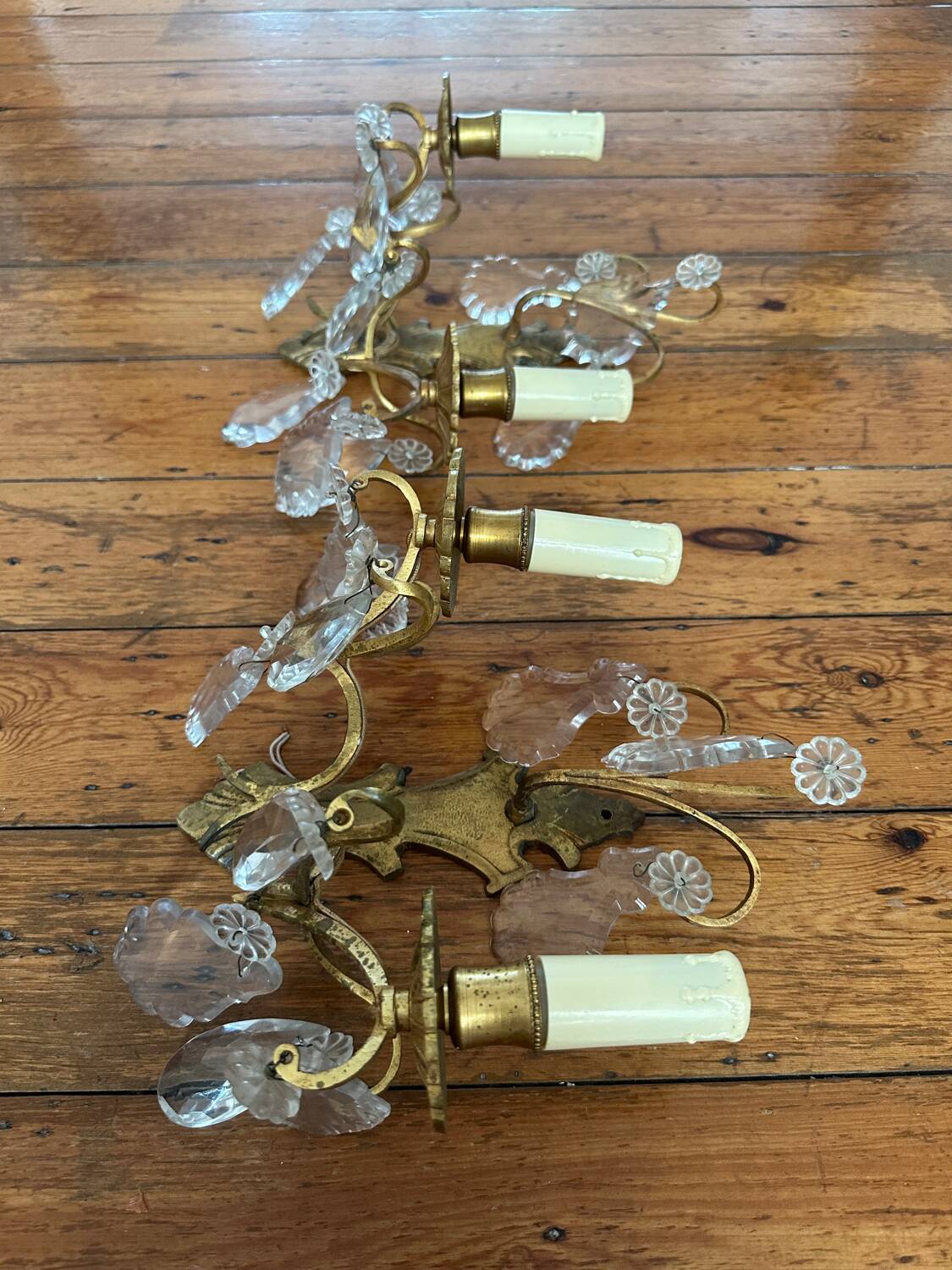 2 vintage bronze wall lights with pendants