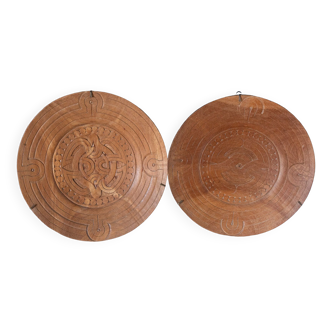 Two trays engraved in oriental wood mid-twentieth century