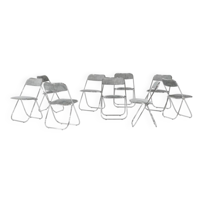 Série de 9 chaises pliantes chromées et tissu gris, années 1970