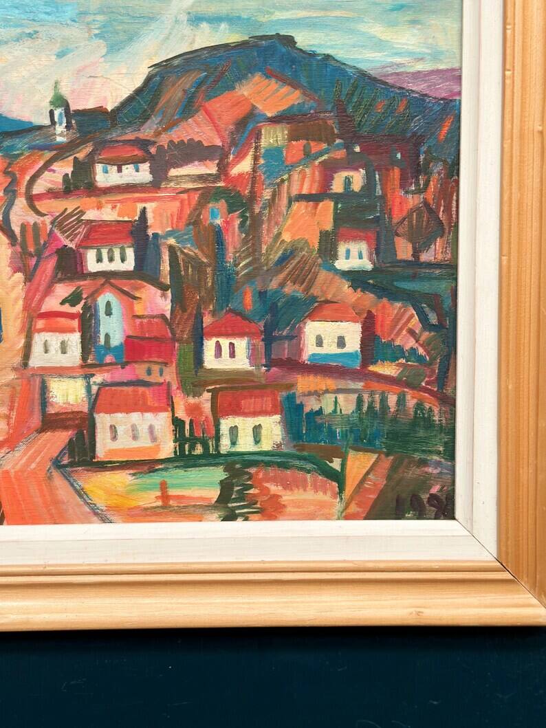 Original Swedish Oil on Panel – “Coastal Town” by Bartovicz 71 – Vintage & Framed – 51 × 41 cm (20" x 16.1")