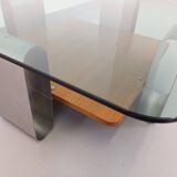 Square coffee table with 2 trays, vintage Space Age style from the 70s, in bluish smoked glass, teak