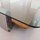 Square coffee table with 2 trays, vintage Space Age style from the 70s, in bluish smoked glass, teak