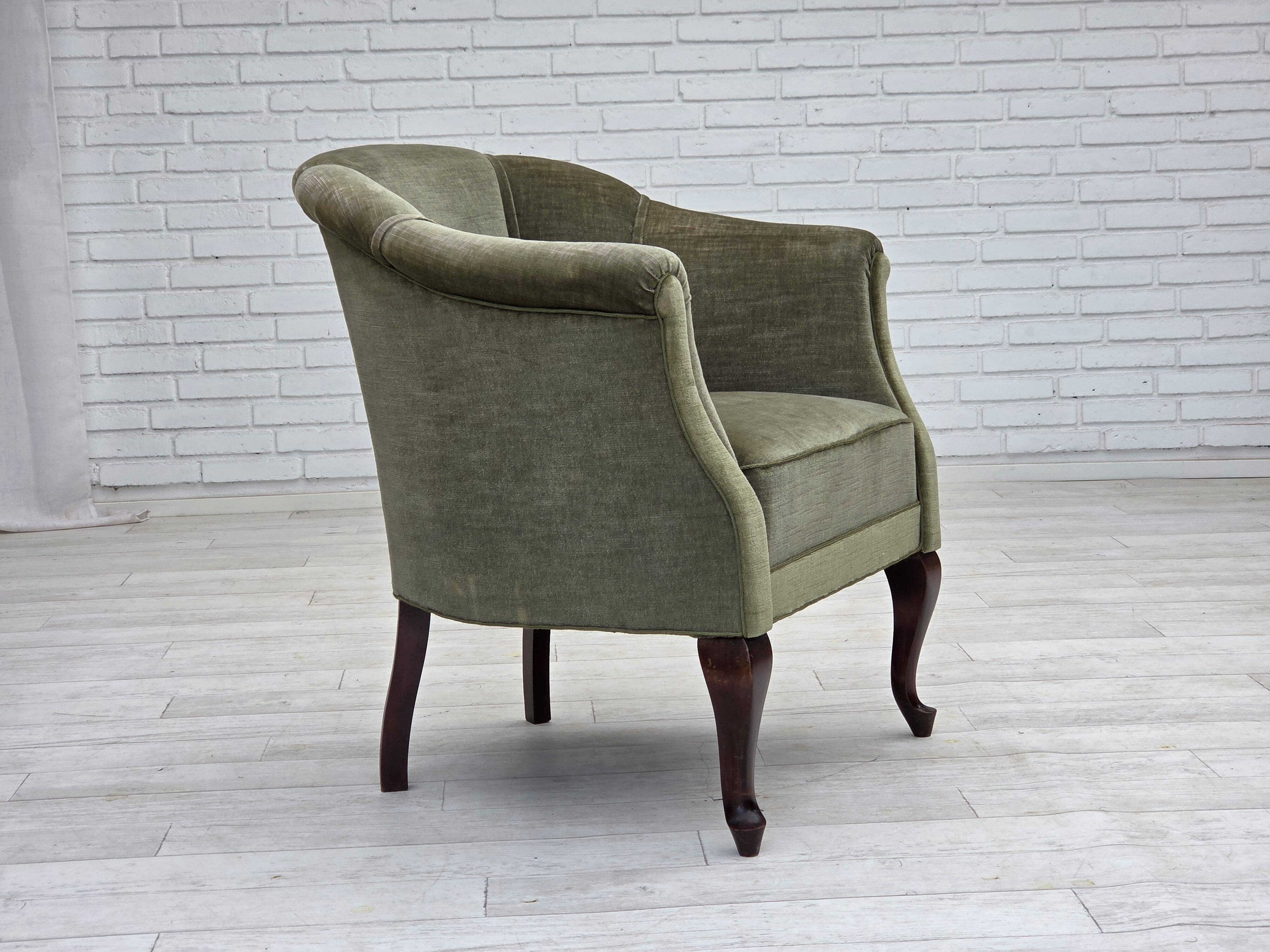 1960s, Danish armchair, green furniture velour, beech wood legs.