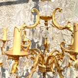 Lustre à pampilles 9 feux monumental en bronze doré et cristal suspension