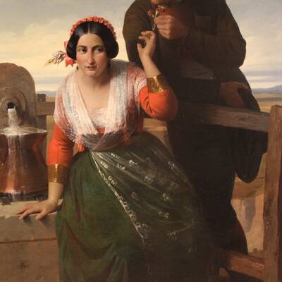 Great painting signed FB and dated 1853, the lovers