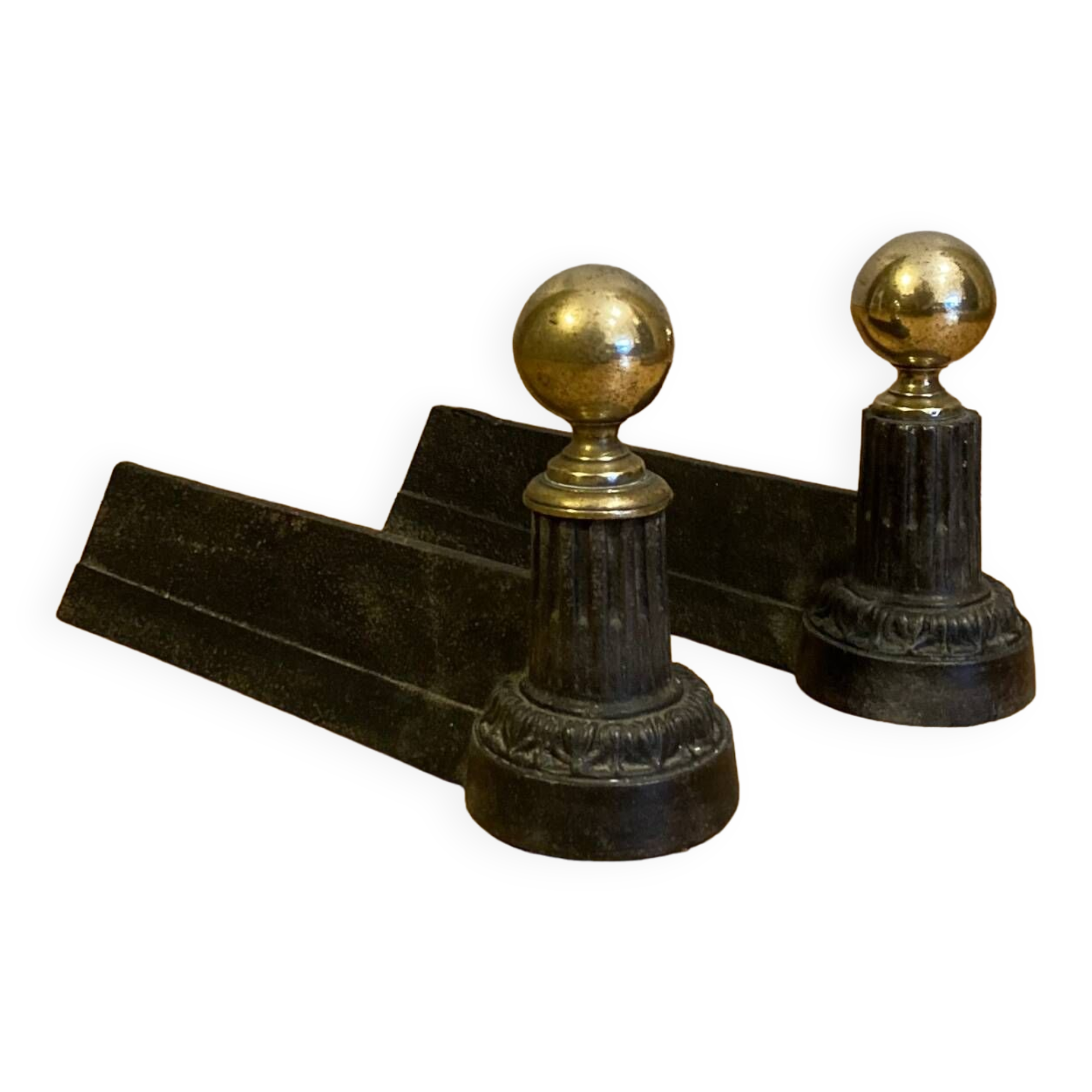 Pair of Napoleon III andirons from the 19th century in cast iron and brass