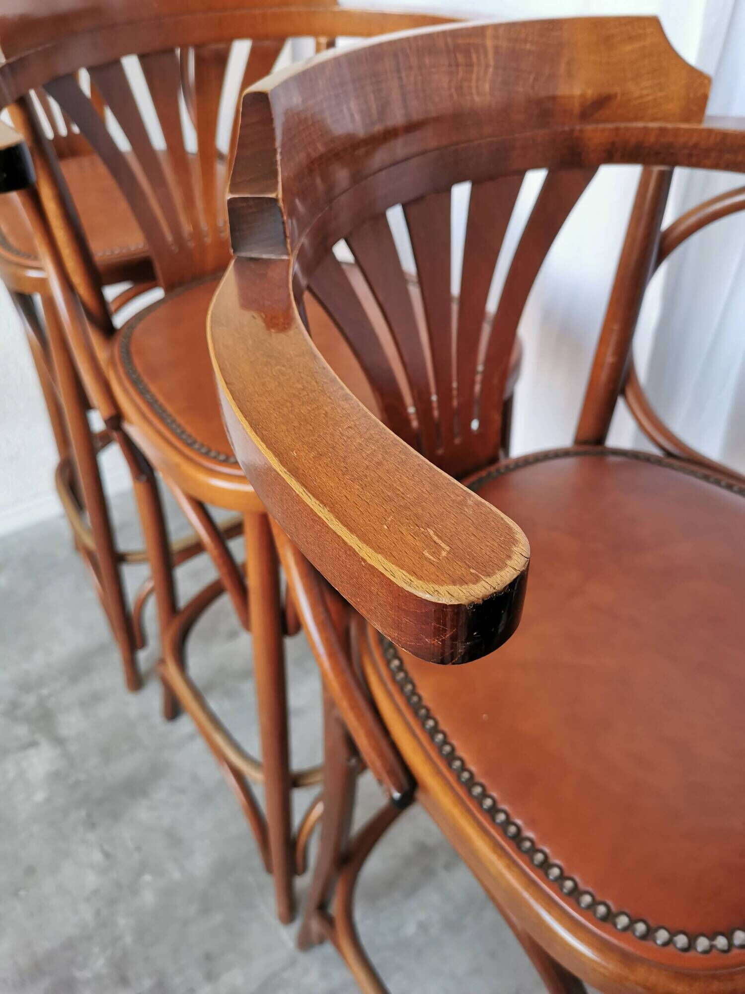 Set of 6 Vintage Bentwood Bar Stool Set: Brown Leather Seat, Nailhead Trim