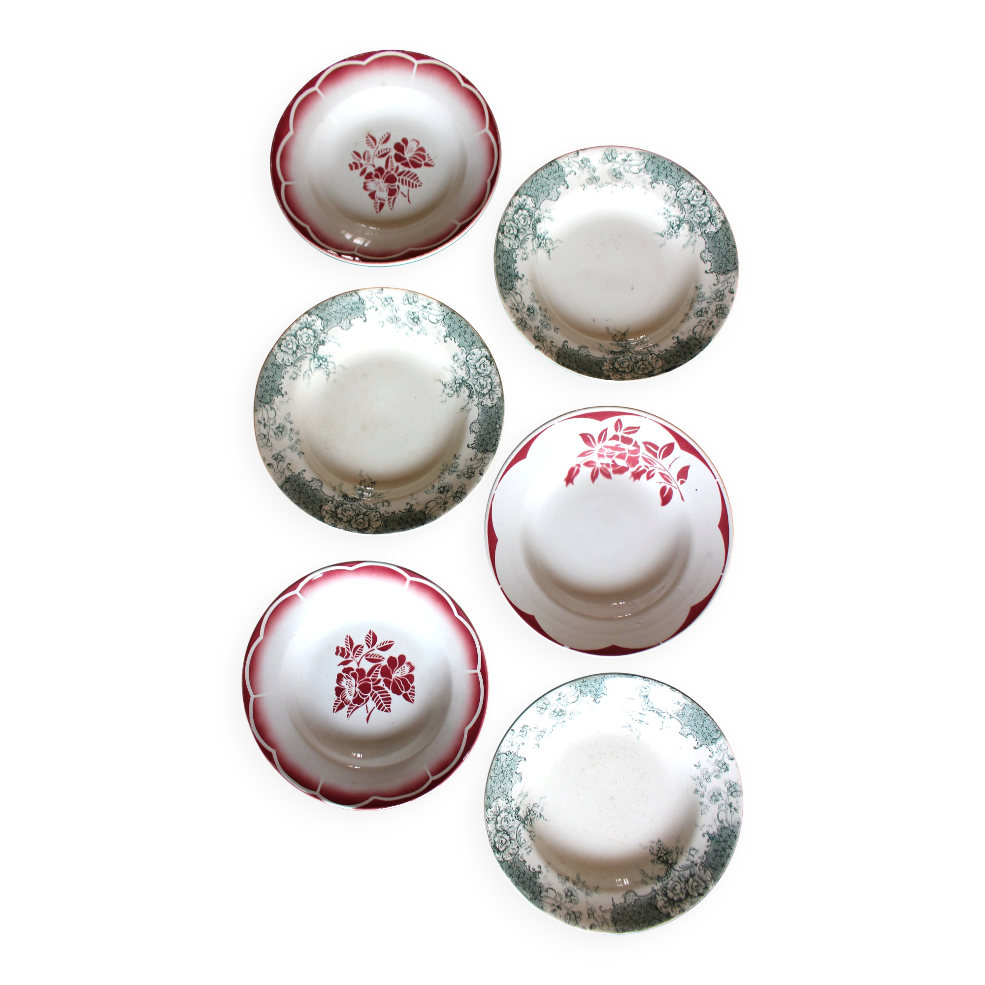 6 deep plates Marsac red Digoin Terre de fer green