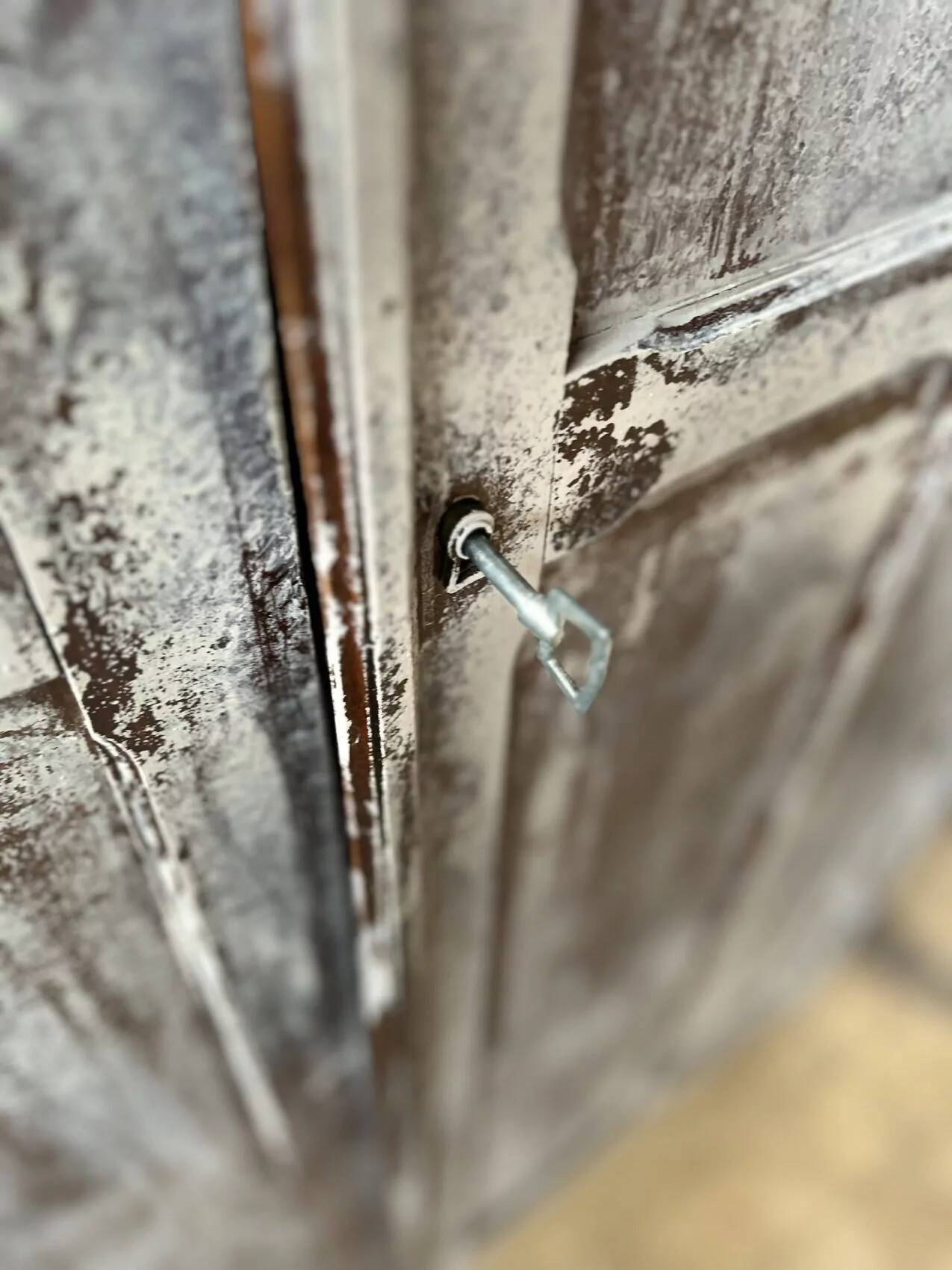 Large Parisian oak wardrobe from the early 20th century with an antique white patina