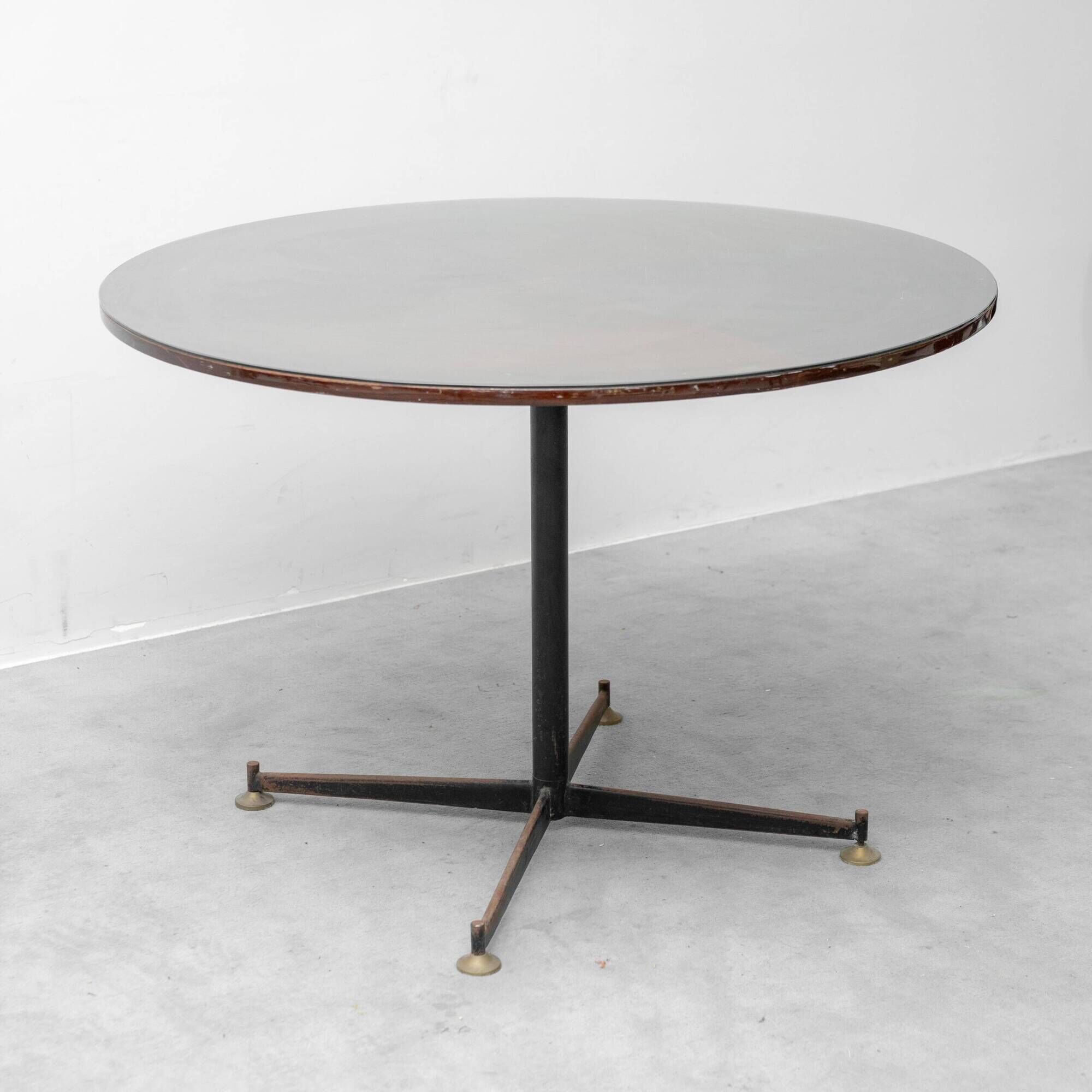 Vintage round table in wood and glass with metal base, 1970s modernist