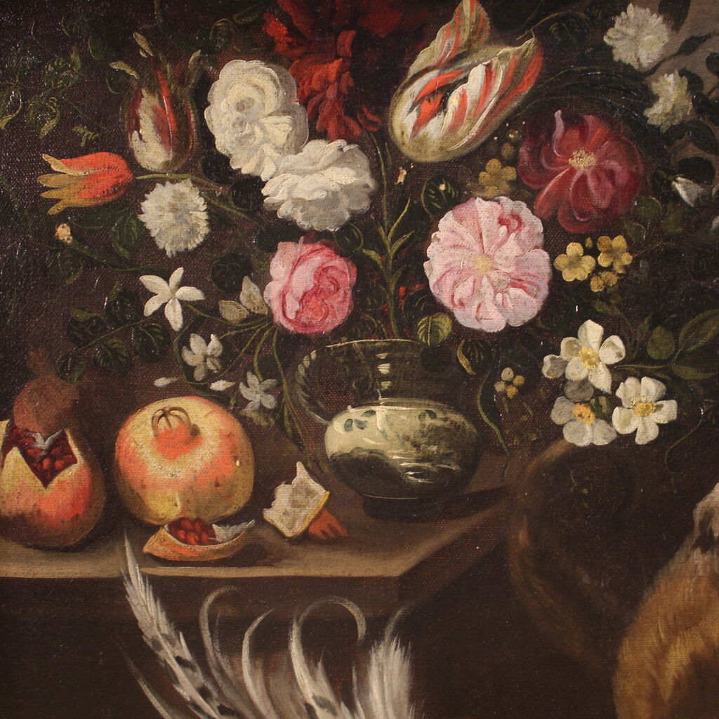Great 18th century still life with animals, flowers and fruit