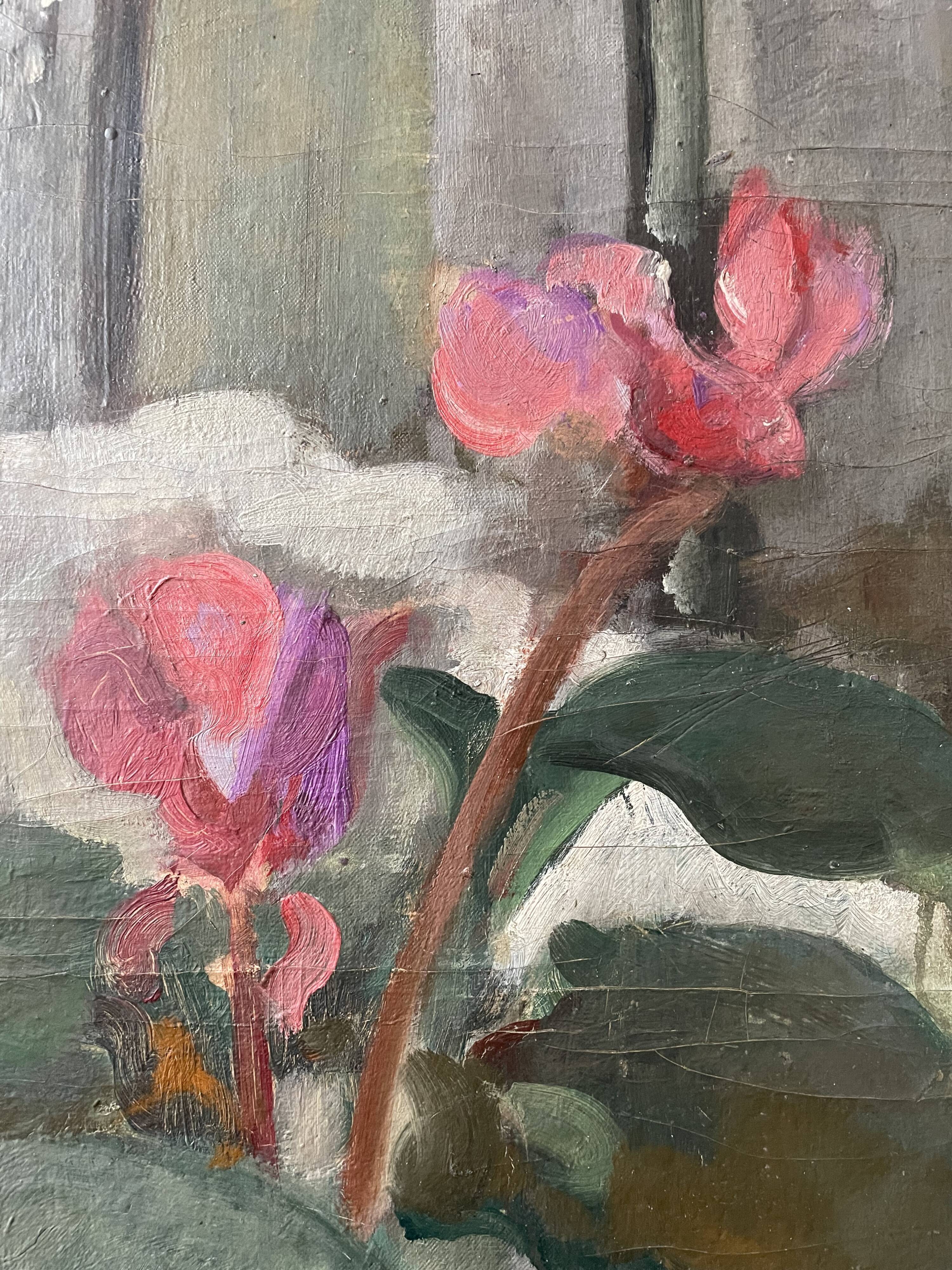 Old painting by Henri Malençon les Cyclamens circa 1940