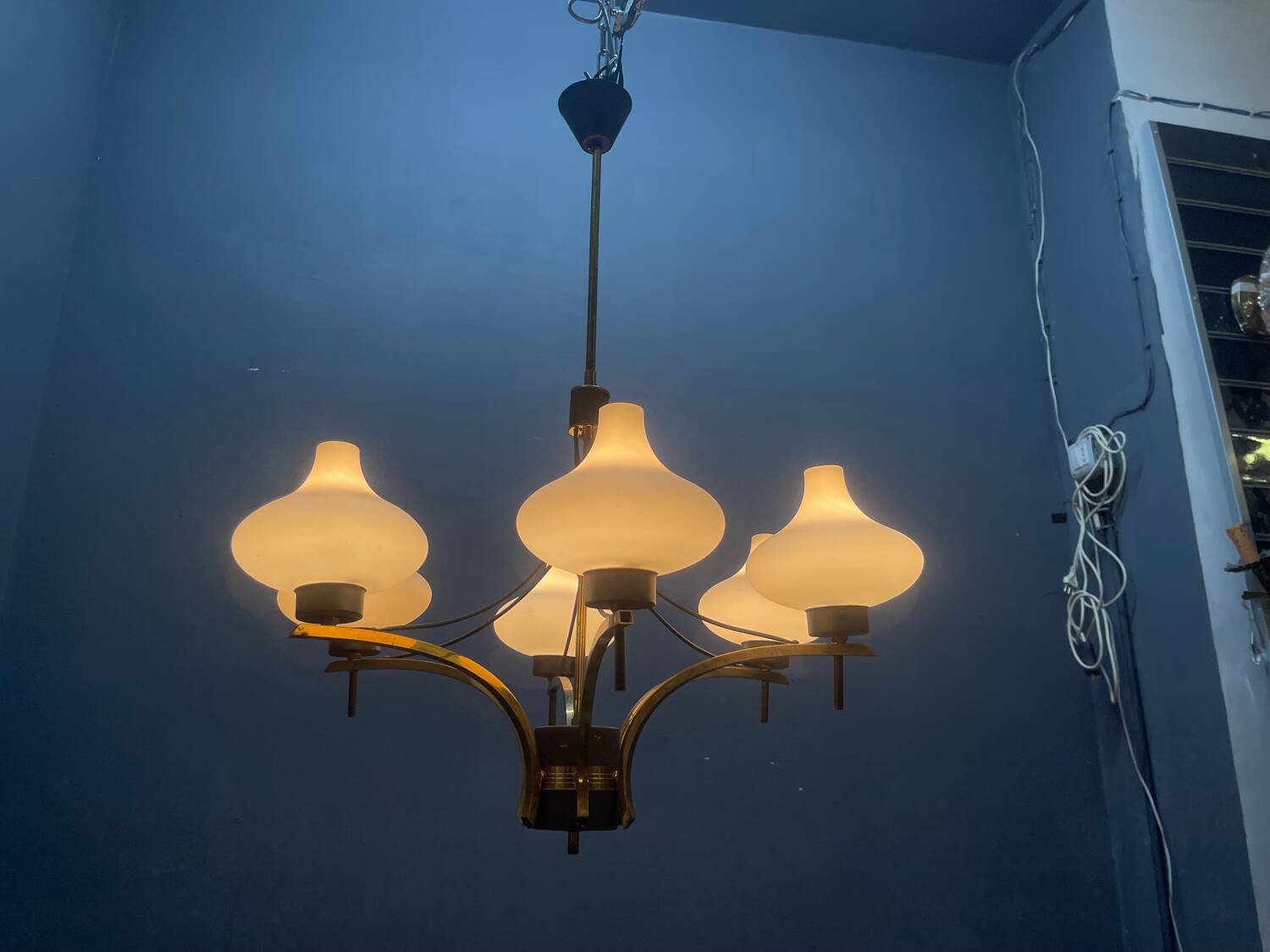 1950s Brass & Opaline Glass Six-Light Chandelier