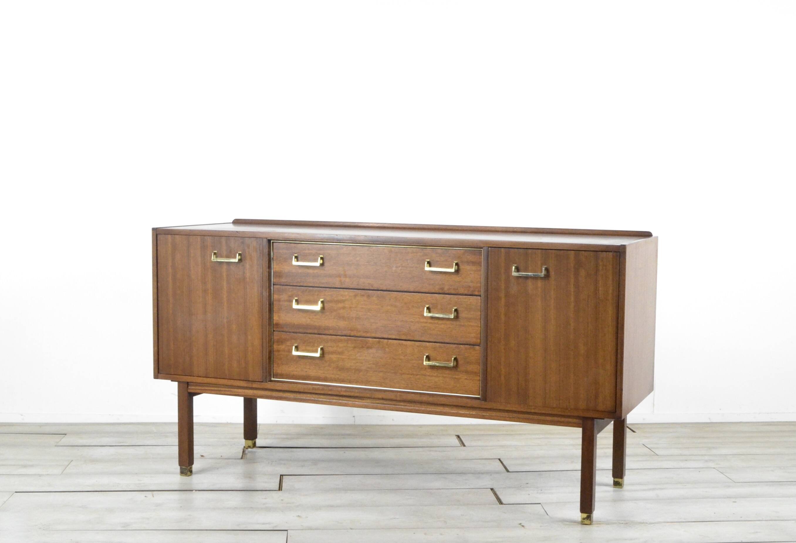 Midcentury G Plan 'E Gomme' Sideboard In Walnut And Brass. Vintage Modern /