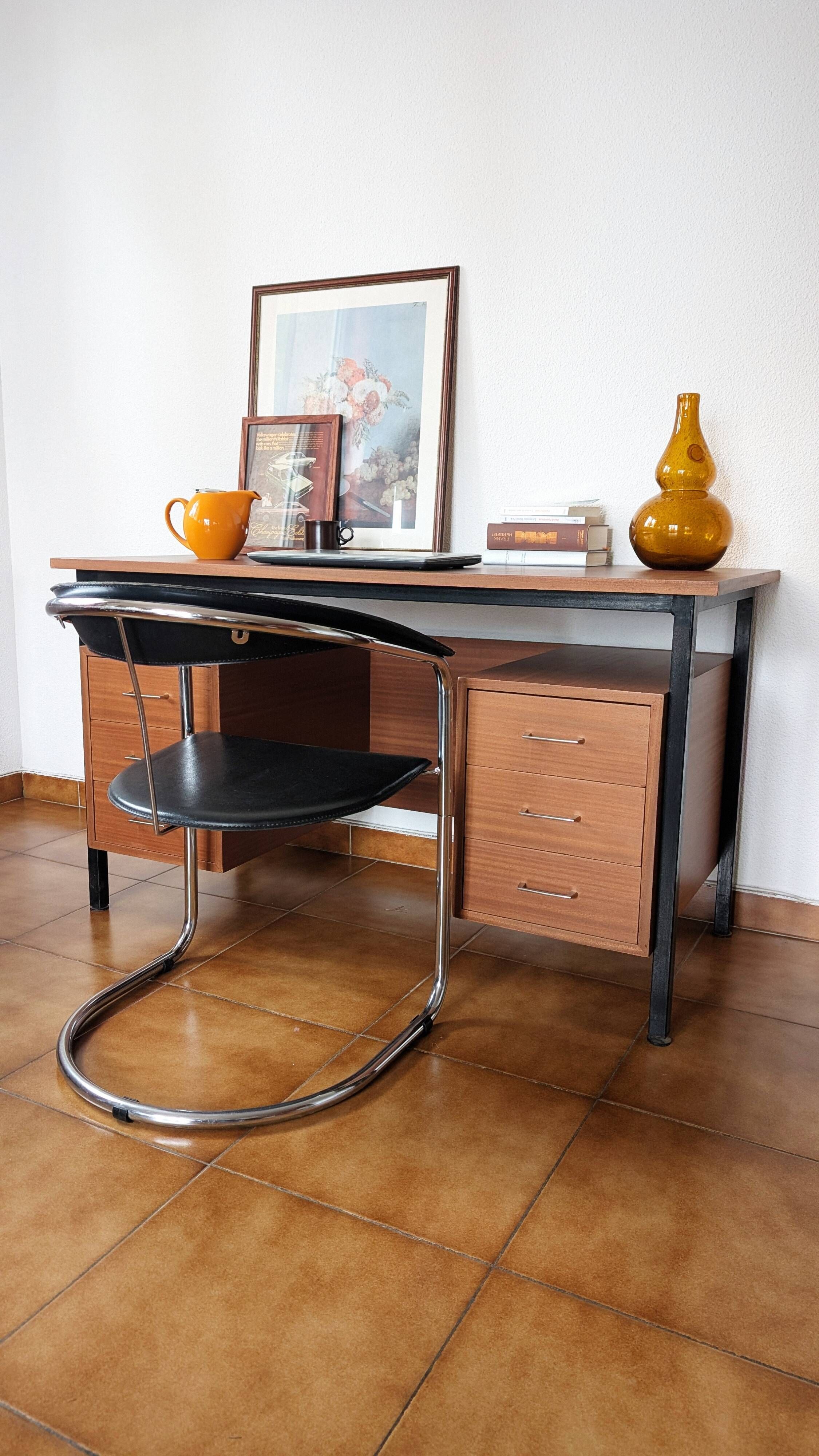 Industrial/craft desk from the 1970s; wood & metal.