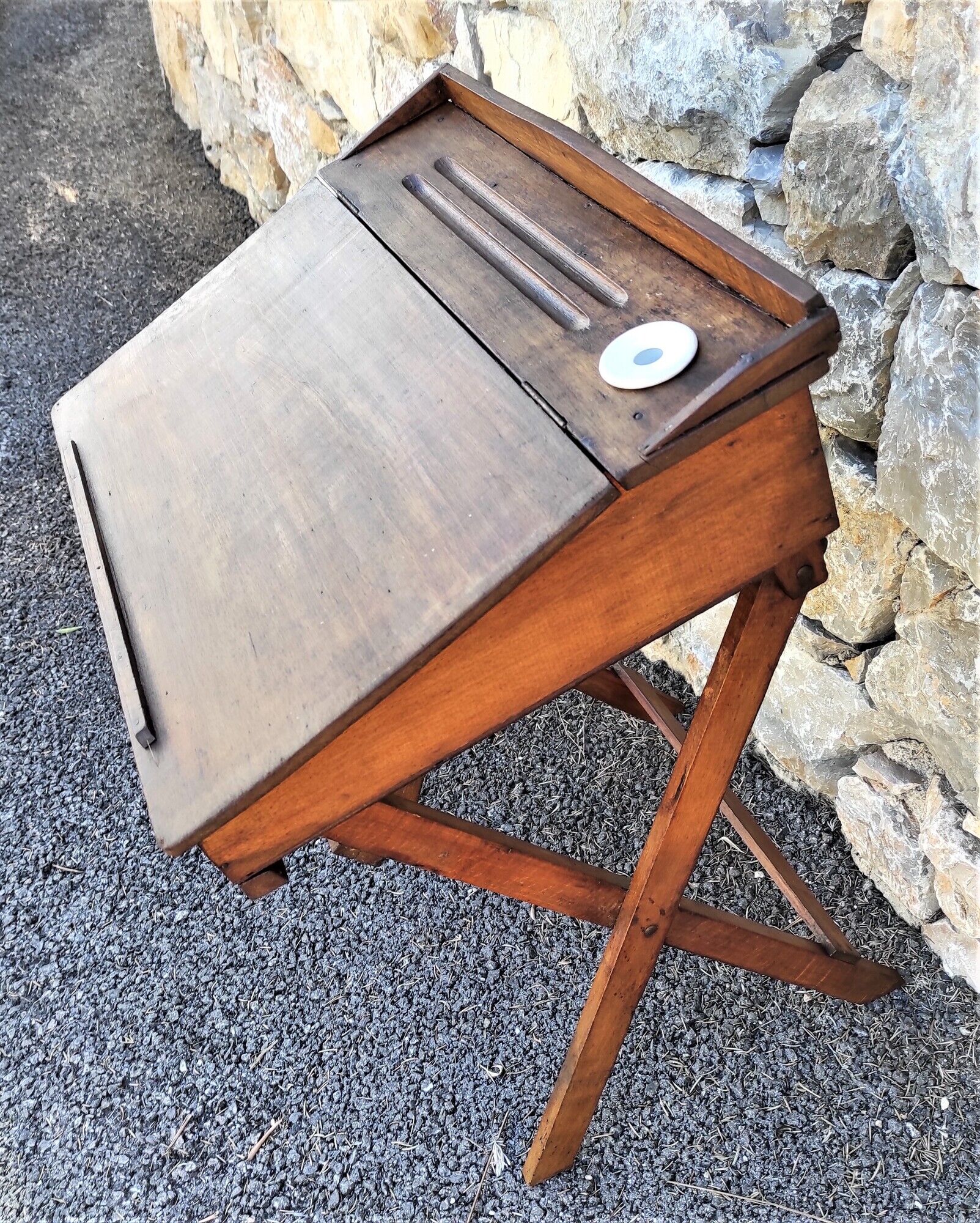Old Desk, Foldable School Table with its porcelain inkwell