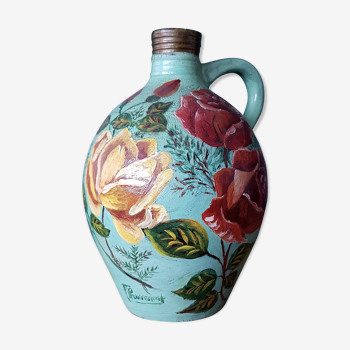 Vase en céramique décor fleuri peint à la main et signé