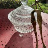 Glass sugar bowl and brass tongs