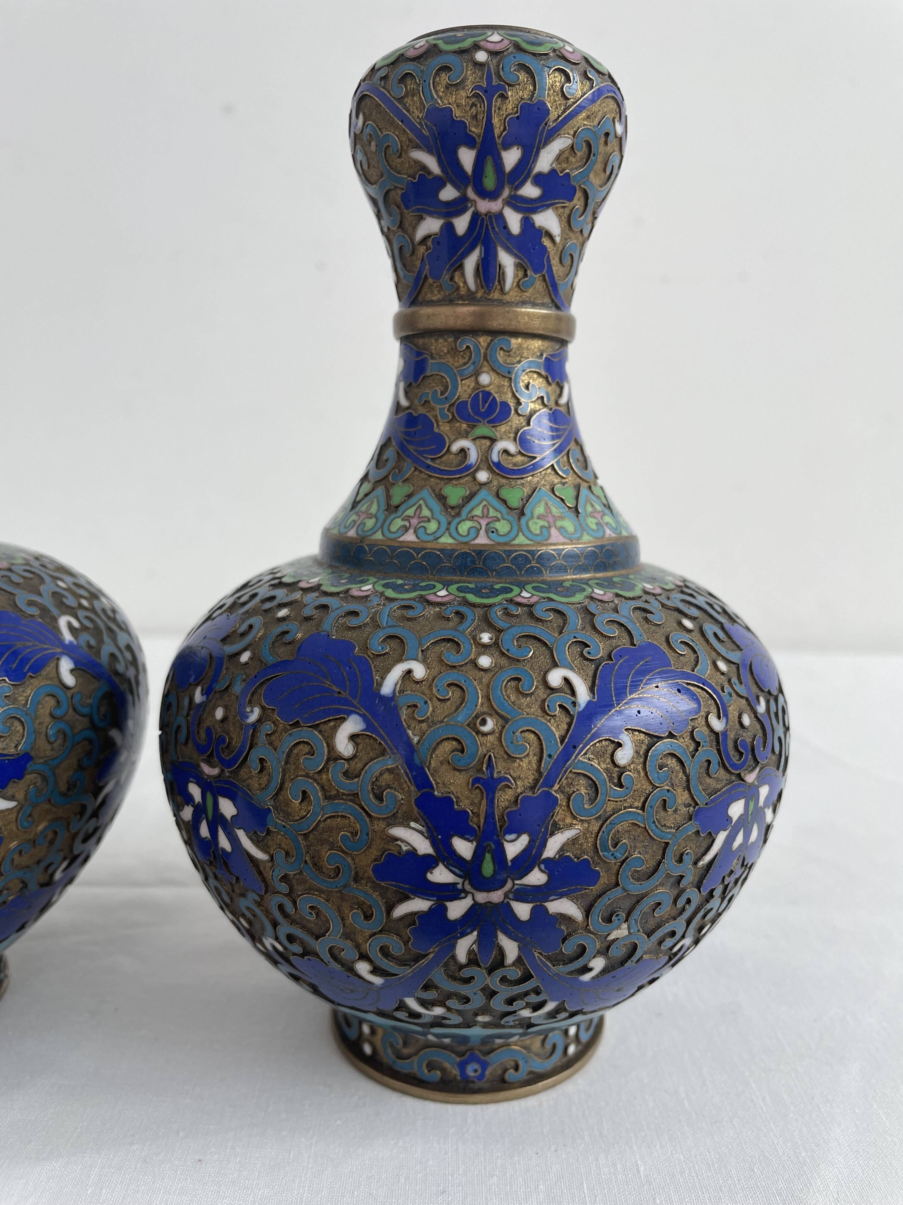 Vintage, pair of vases, Chinese, cloisonné metal, enameled, polychrome floral decor, golden hoop
