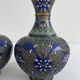 Vintage, pair of vases, Chinese, cloisonné metal, enameled, polychrome floral decor, golden hoop