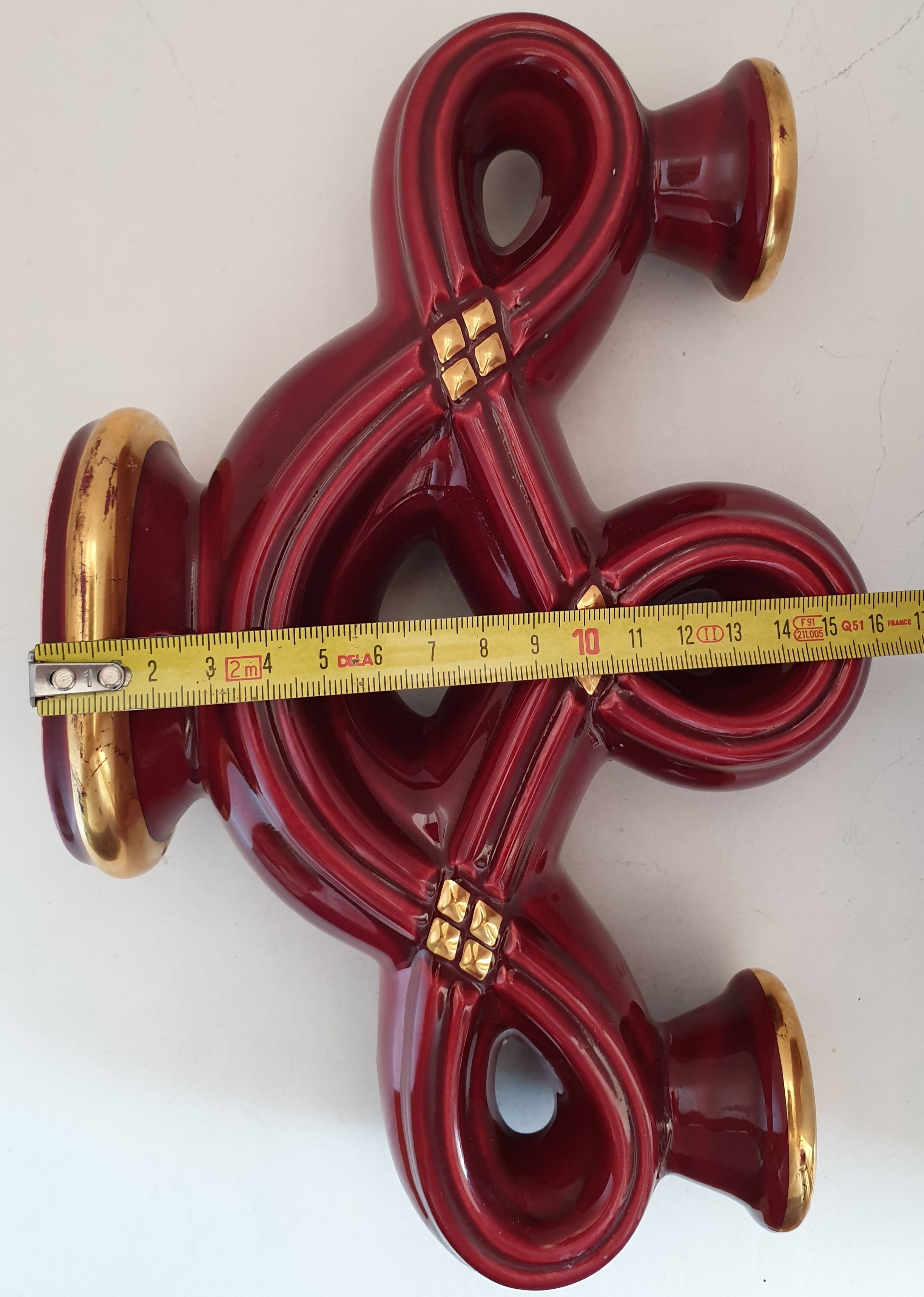 Double art deco lamp foot in bordeaux and gold ceramics