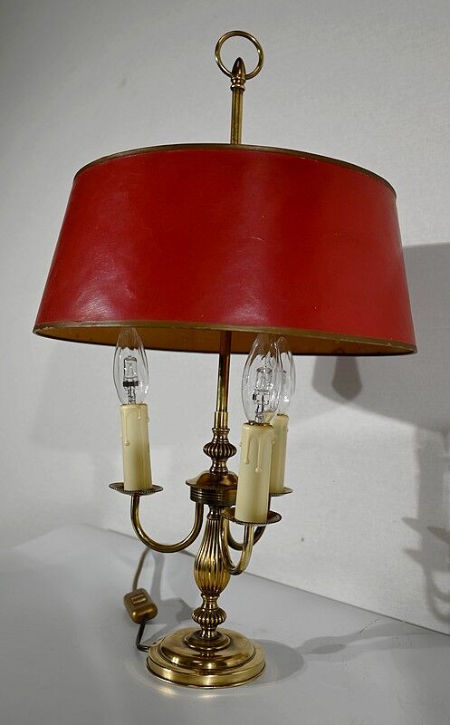 Brass bouillotte lamp with red lampshade, Louis XVI – XXth style