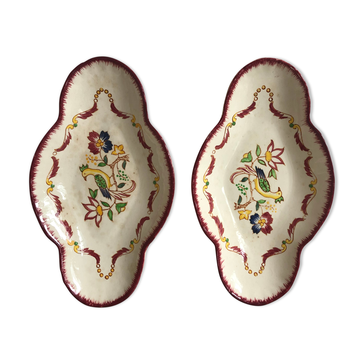 Pair of hand-decorated old Fleury Longwy France wood ravines