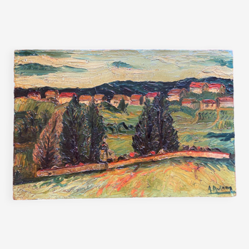 Tableau ancien paysage huile sur panneau de bois
