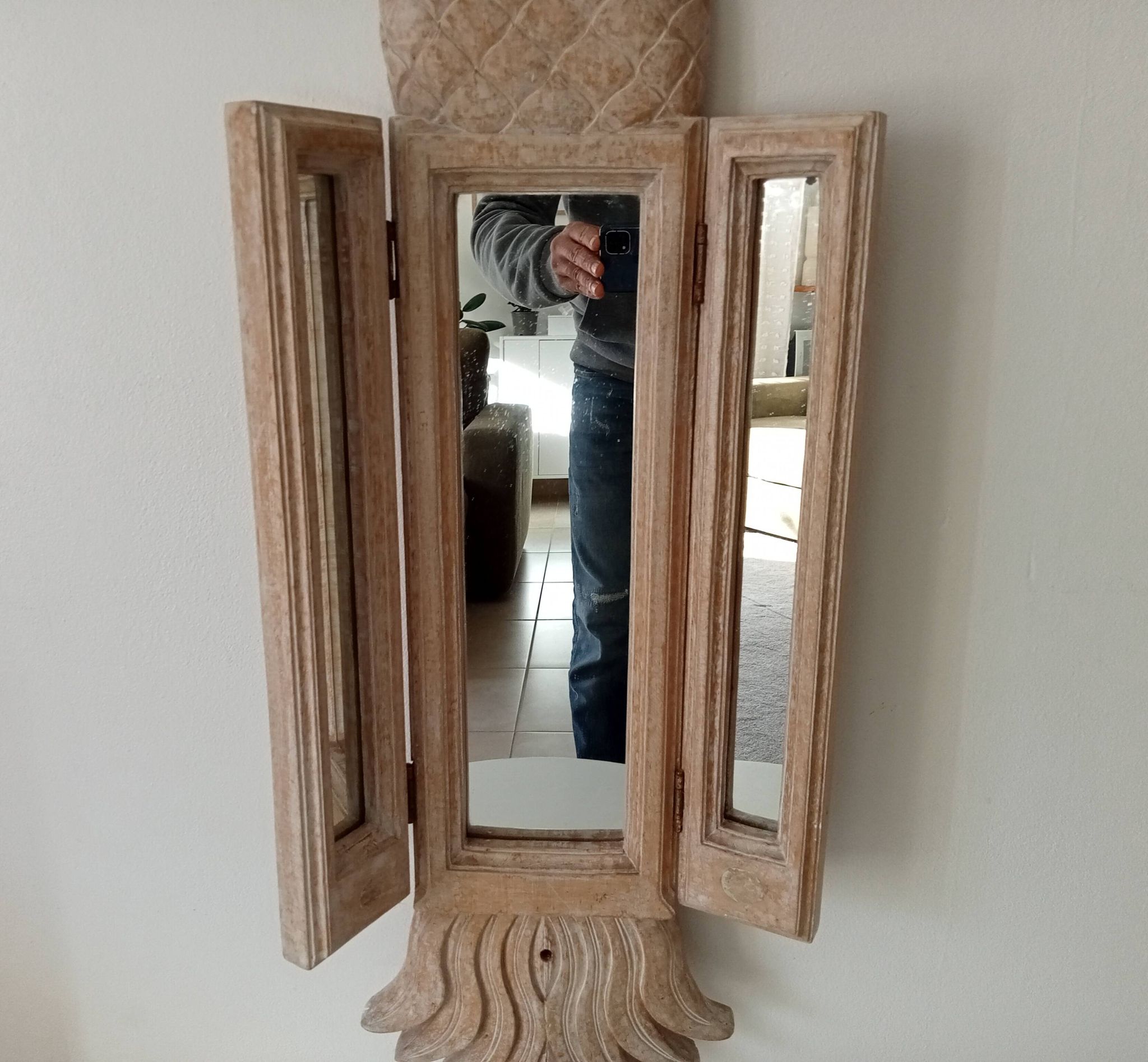 Miroir triptyque Art déco Ananas en bois sculpté