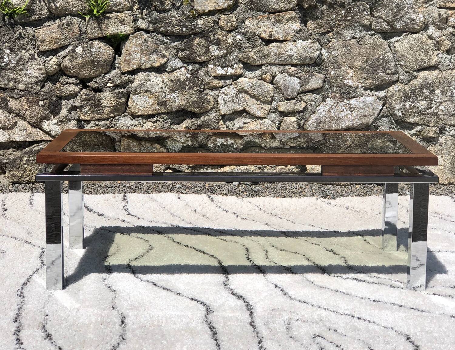 Vintage rectangular coffee table 1970 chrome, wood & smoked glass