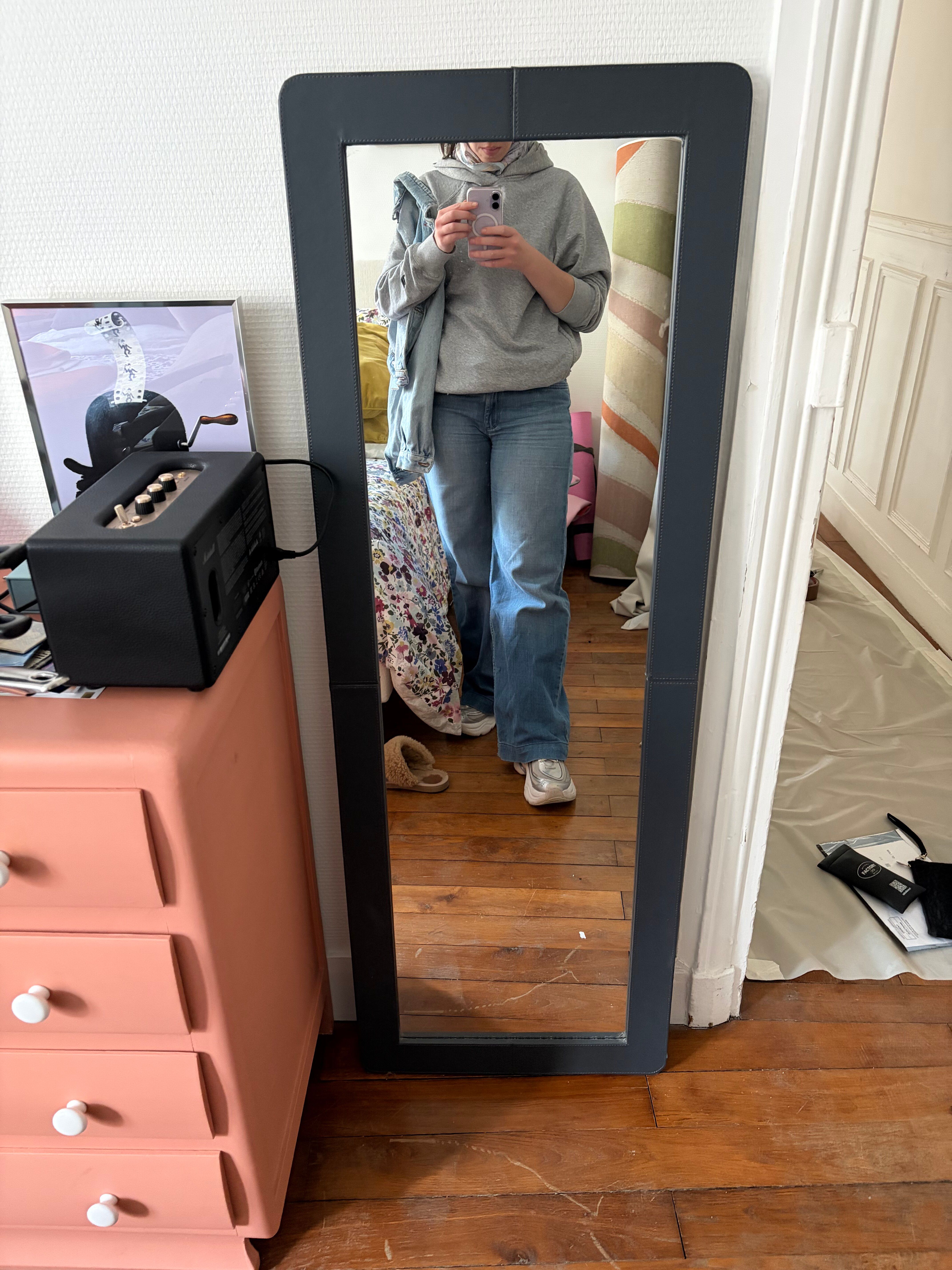 Large grey leather mirror