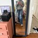 Large grey leather mirror