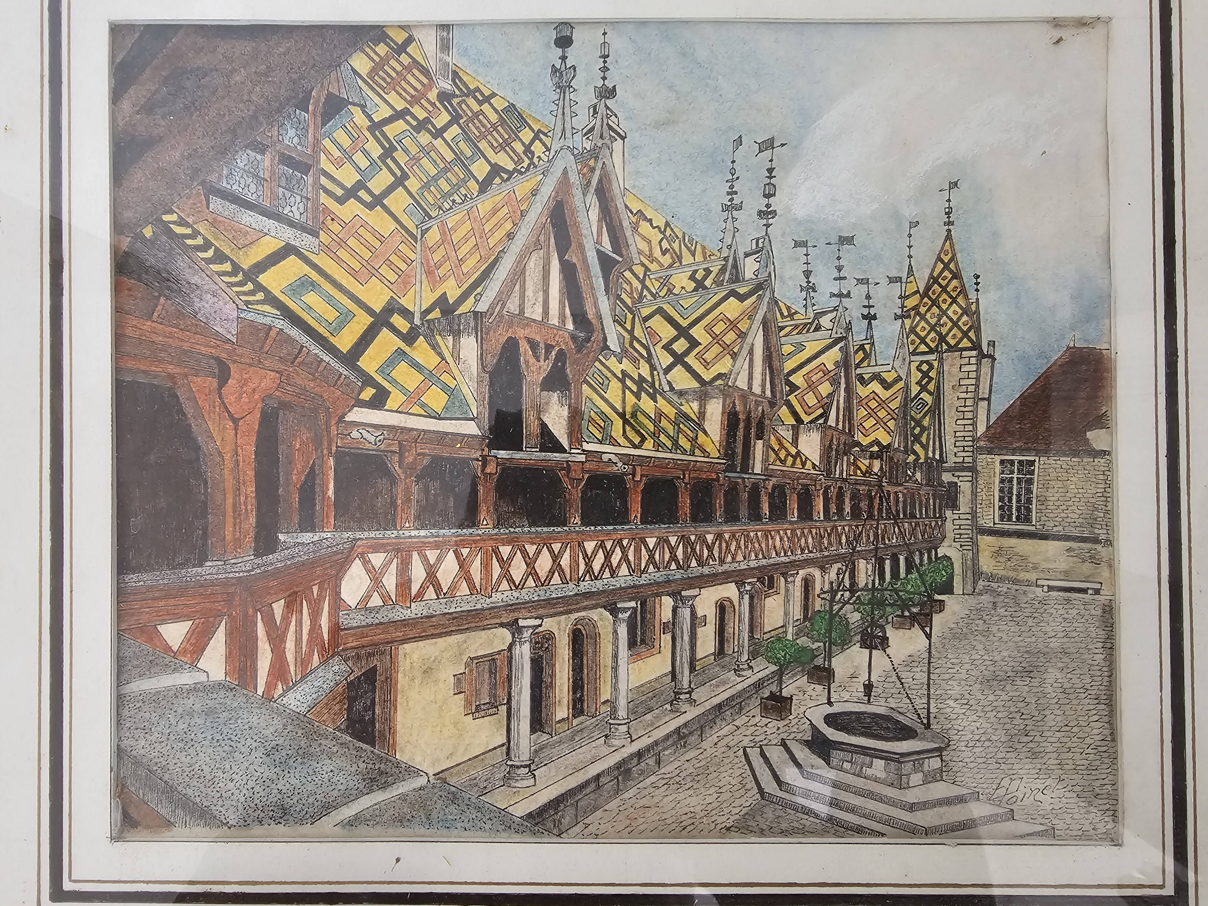 Tableau Ink and pastel - Beaune Hotel Dieu - E Poinet