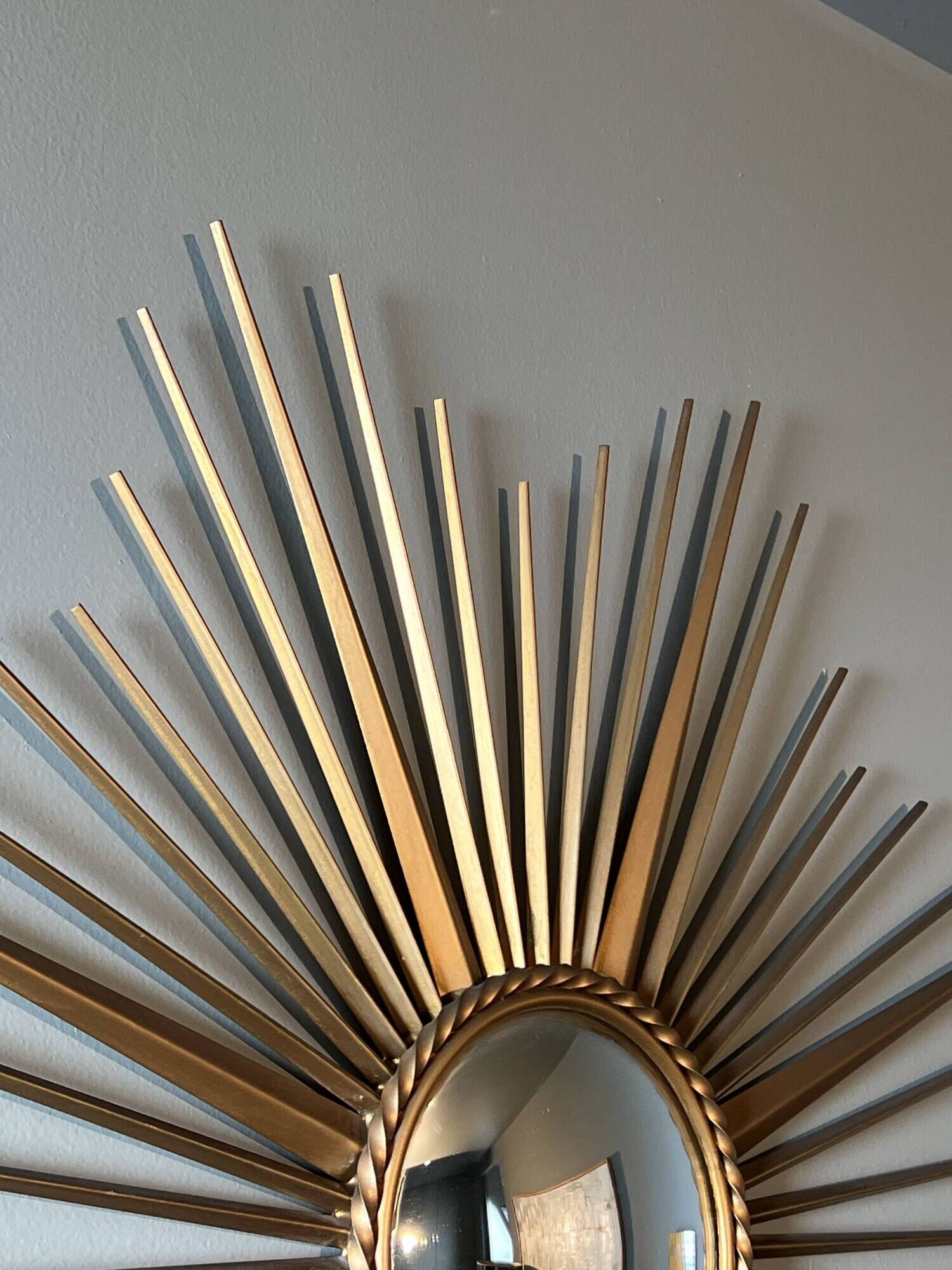 Golden Metal Sun Mirror with Convex Mirror by Chaty Vallauris. French Work