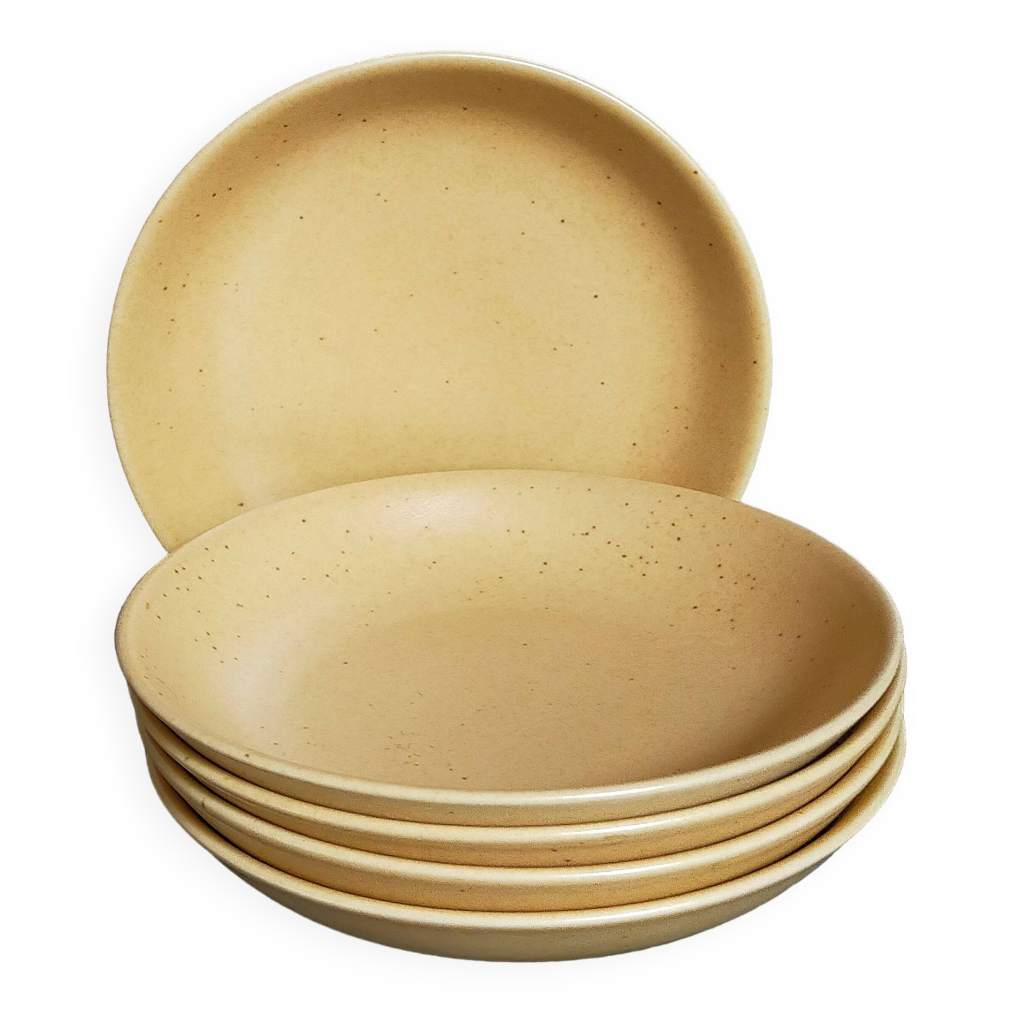Five vintage natural stoneware soup plates