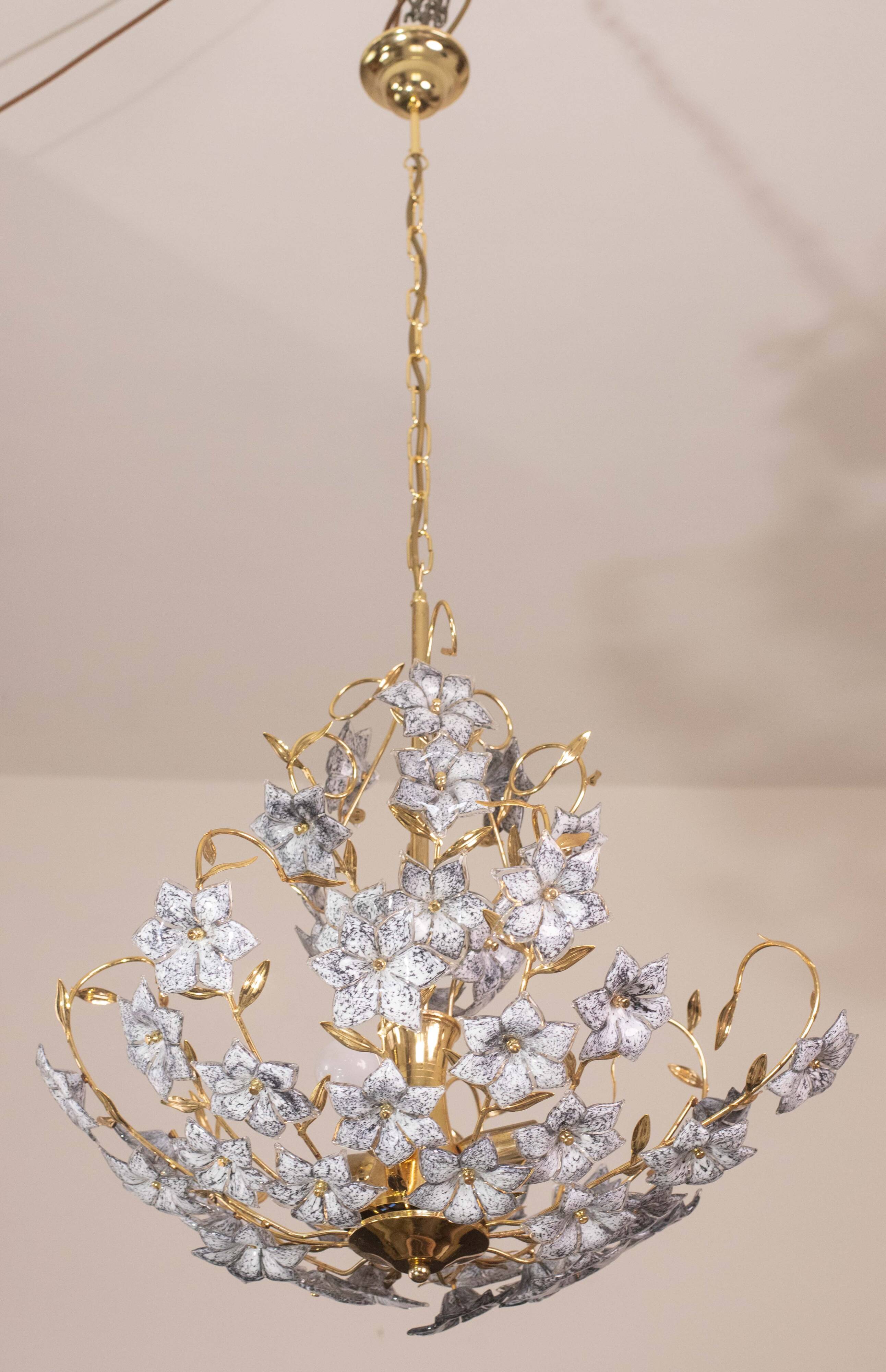 Fantastic Rare Murano Chandelier Full of Black Flowers, 1970s