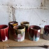 Six old yoghurt pots in enamelled porcelain