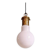 Large bulbous pendant light in white opaline and brass