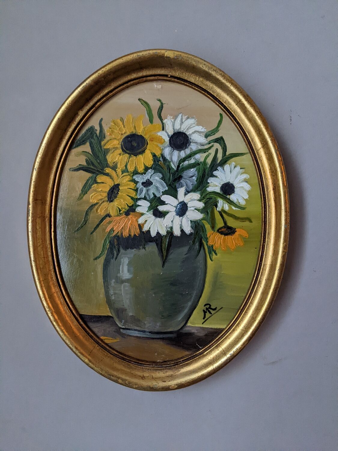 Still life acrylic on panel in a gilded oval frame