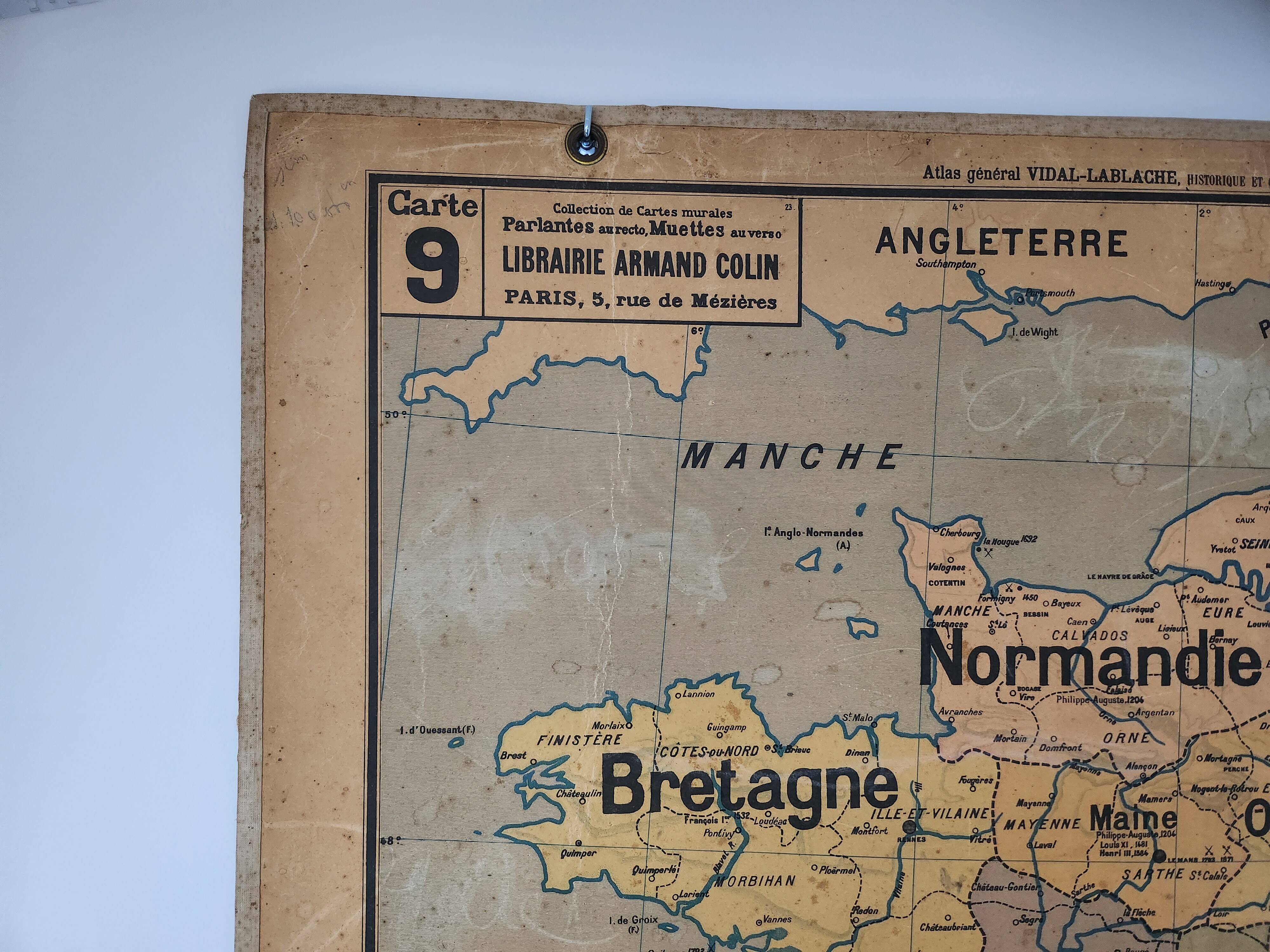 Wall map Vidal Lablache Mezieres, France provinces