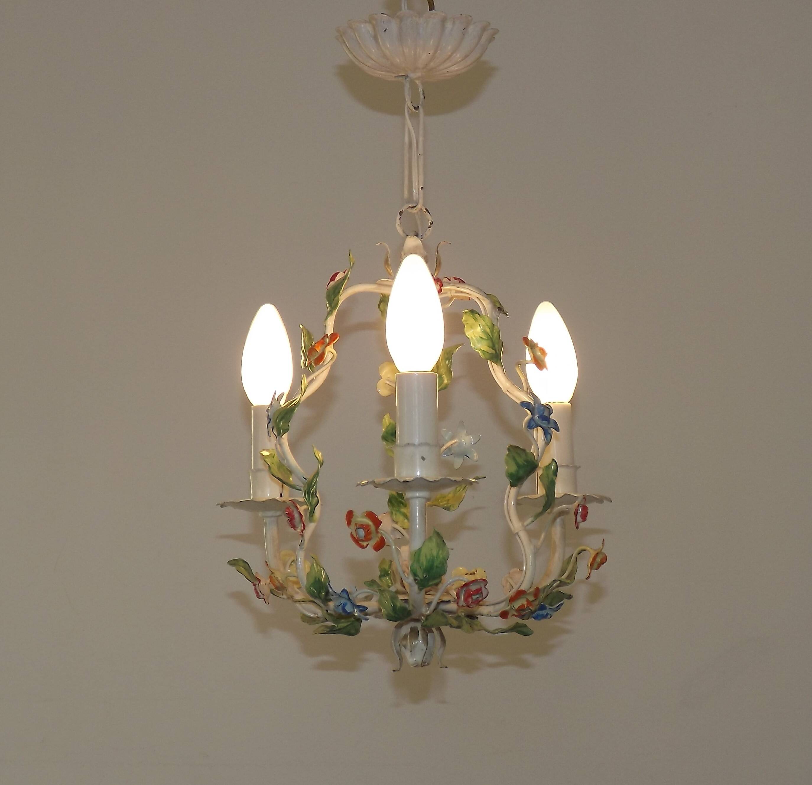 Romantic Vintage Italian Metal 3 Light Cage Chandelier Circa 1930s/40s