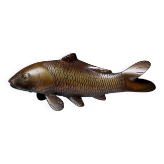 Koi Carp Okimono in patinated bronze Japan vintage 60s-80s